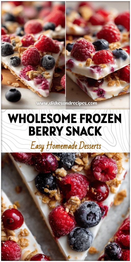 Close-up of Raspberry Frozen Yogurt Bark topped with mixed berries and crunchy granola on a white tray.